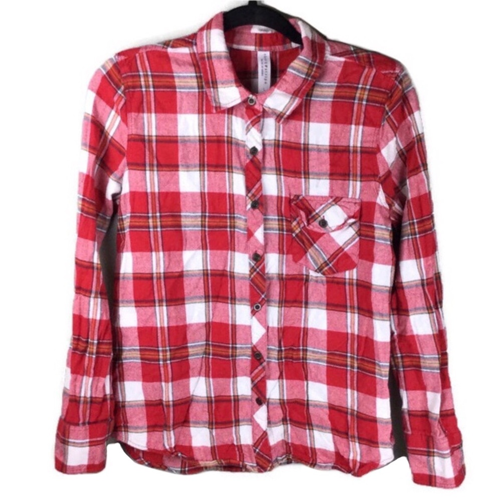 Check & Stripe Red Plaid Flannel Button Up Shirt Size Large
